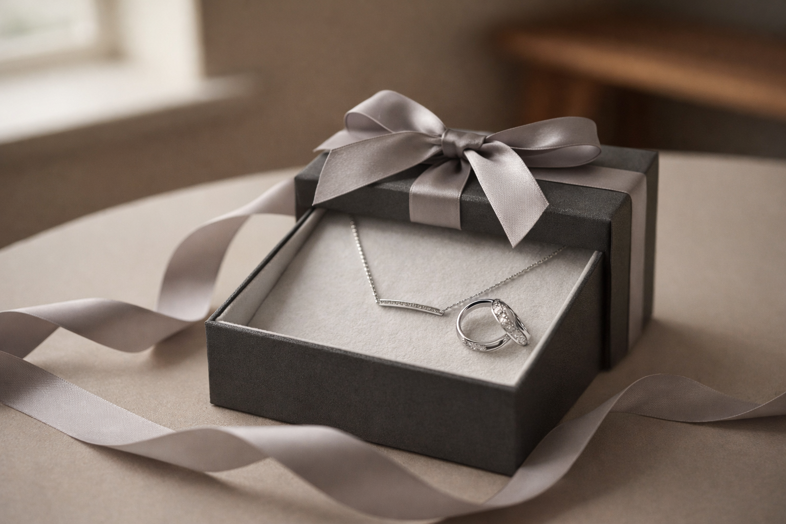 Luxury 925 sterling silver necklace and ring in elegant gift box with satin ribbon