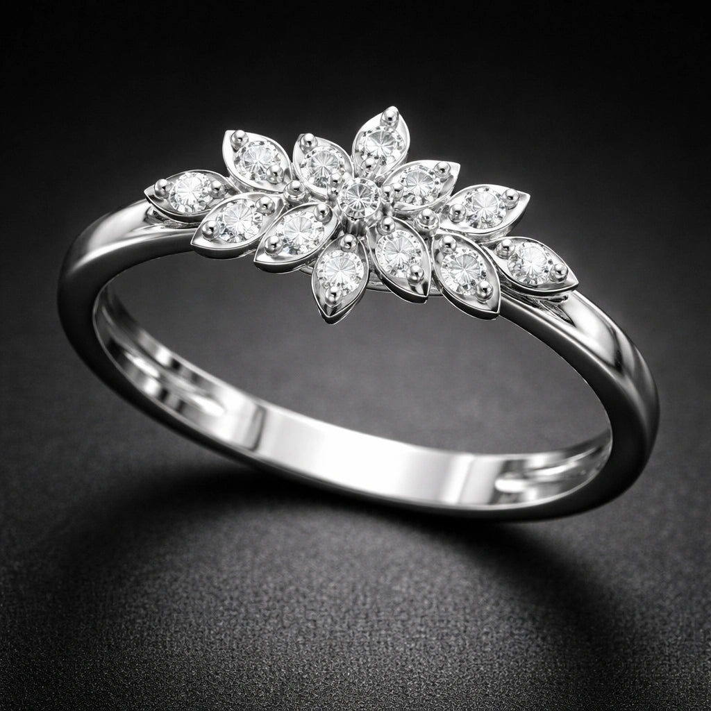 Silver ring with diamond flower design on a dark background