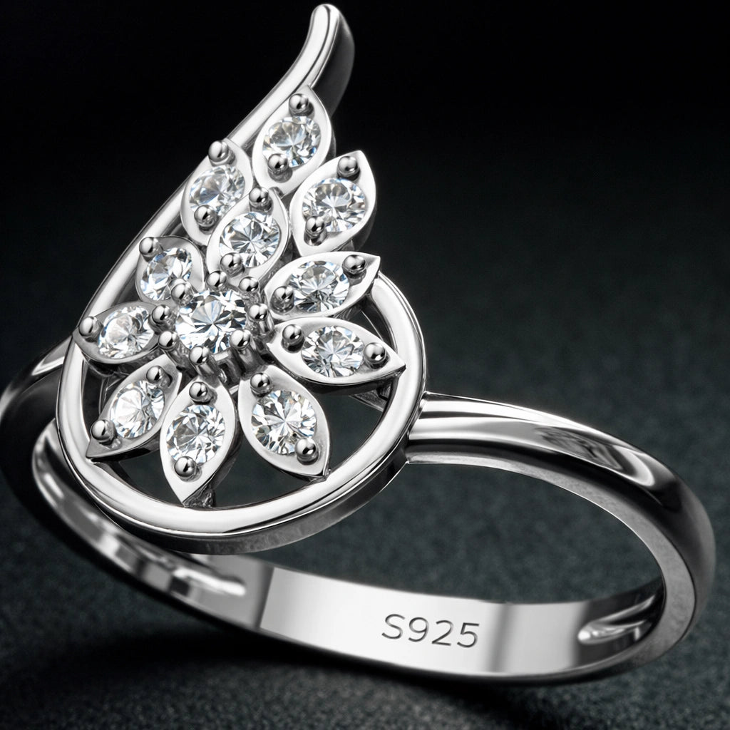 Silver ring with diamond-like stones on a dark background