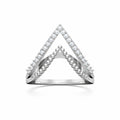 Triangular silver ring with embedded diamonds on a white background