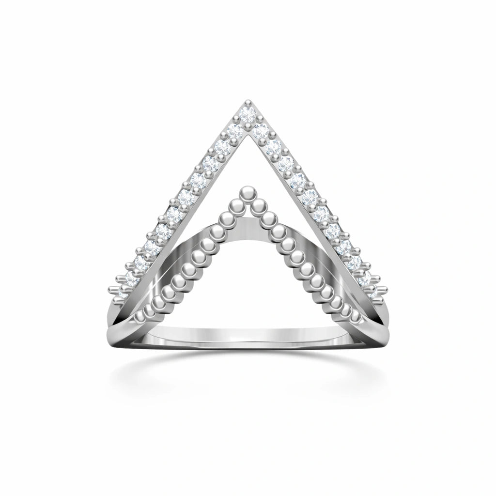 Triangular silver ring with embedded diamonds on a white background