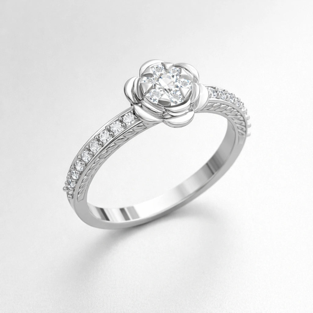 Silver ring with a diamond on a light gray background