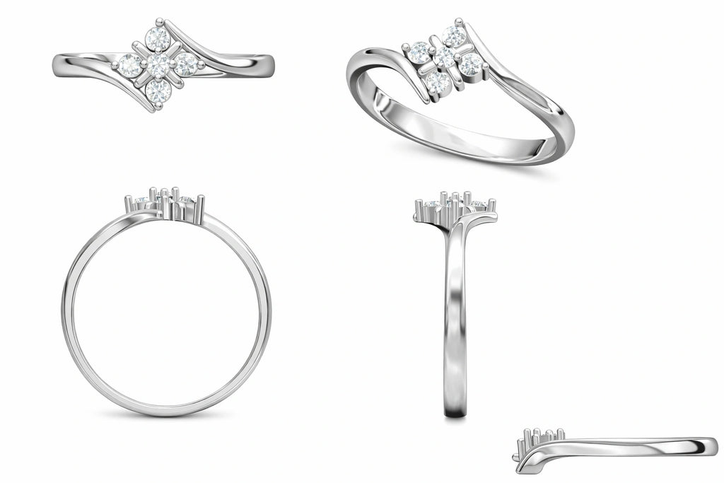 Set of silver rings with diamond accents on a white background