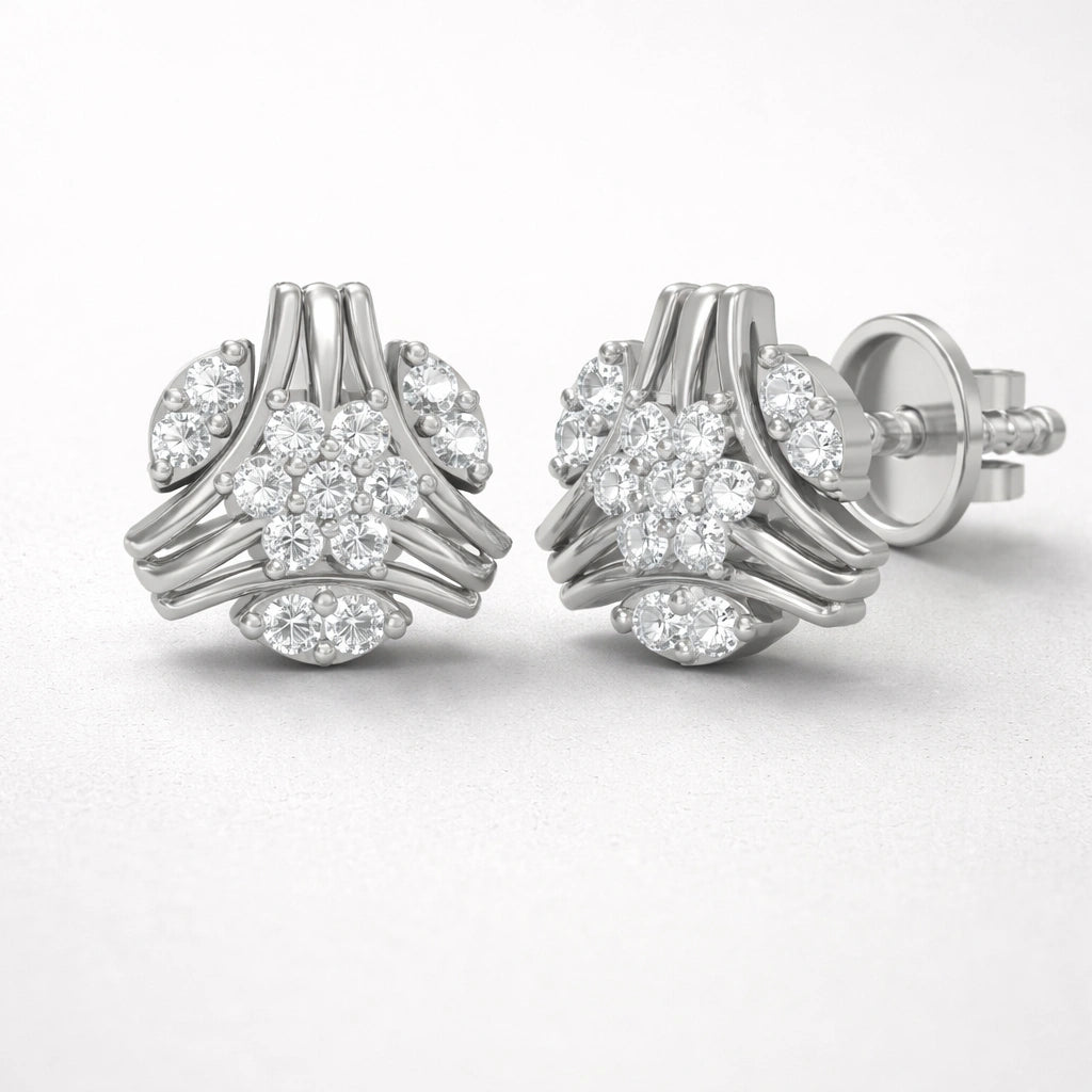 Pair of silver earrings with diamond-like stones on a white background