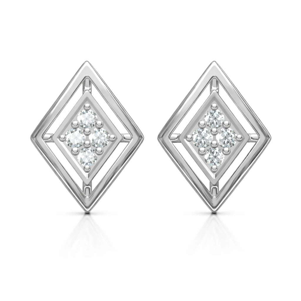 Diamond-shaped silver earrings with clear gemstones on a white background