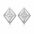 Diamond-shaped silver earrings with clear gemstones on a white background