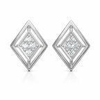 Diamond-shaped silver earrings with clear gemstones on a white background