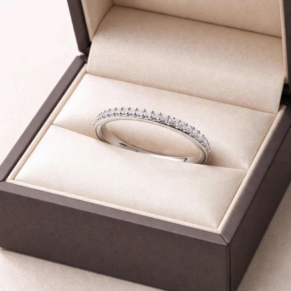 Silver ring with diamonds in a jewelry box