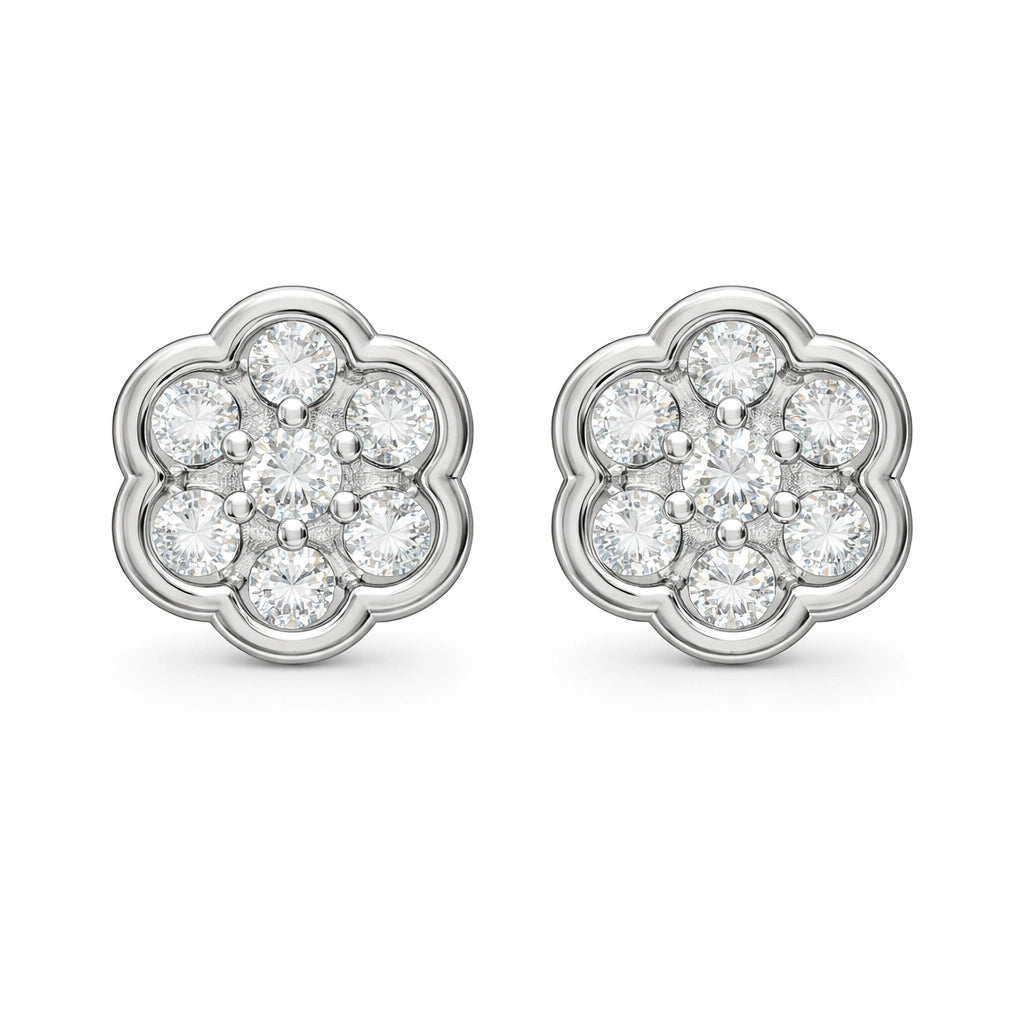 Pair of diamond flower-shaped earrings on a white background