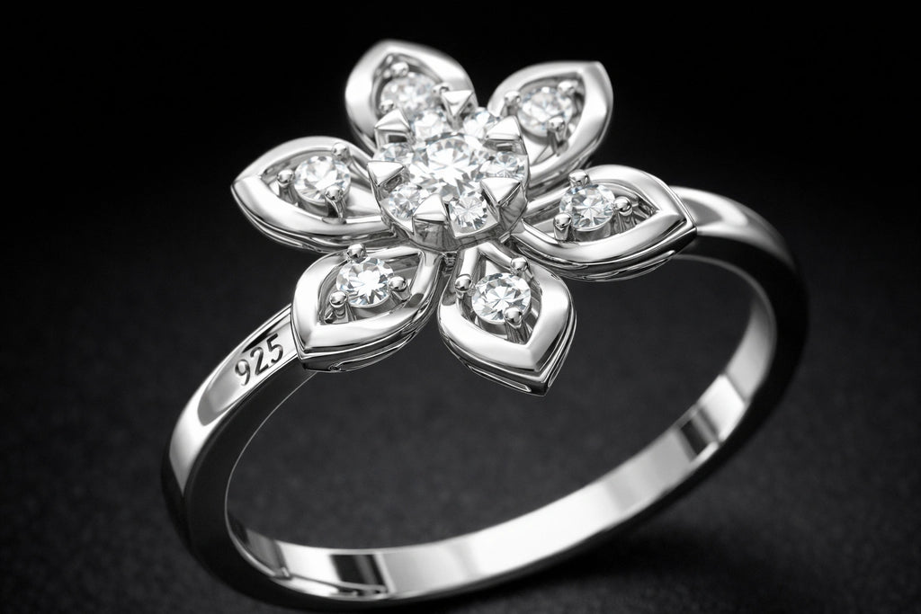Silver ring with diamond flower design on a dark background
