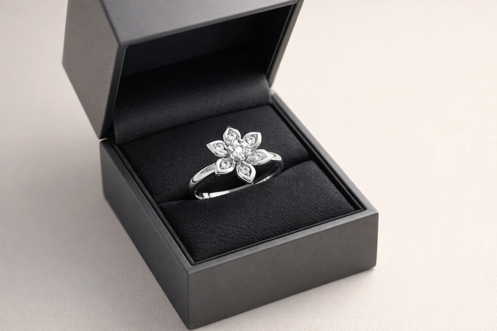 Silver ring with a floral design in a black box on a light gray background