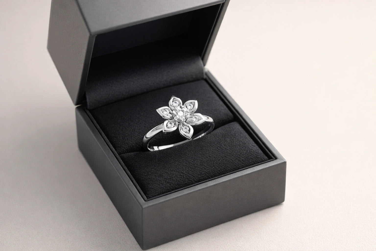 Silver ring with a floral design in a black box on a light gray background