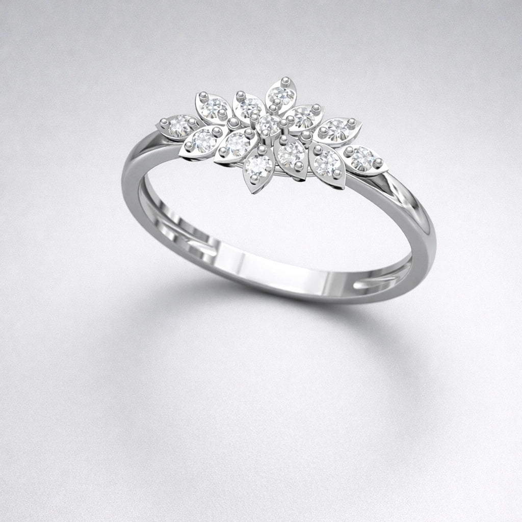 Silver ring with diamond flower design on a light gray background