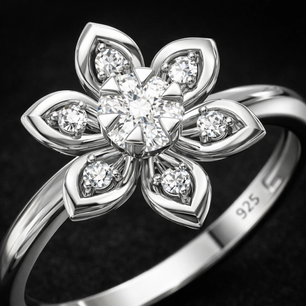 Silver ring with diamond flower design on a dark background