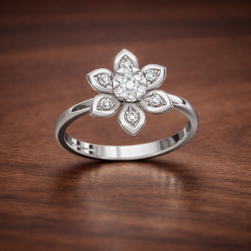 Silver floral ring with diamonds on a wooden surface