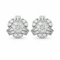 Pair of silver earrings with diamond-like stones on a white background