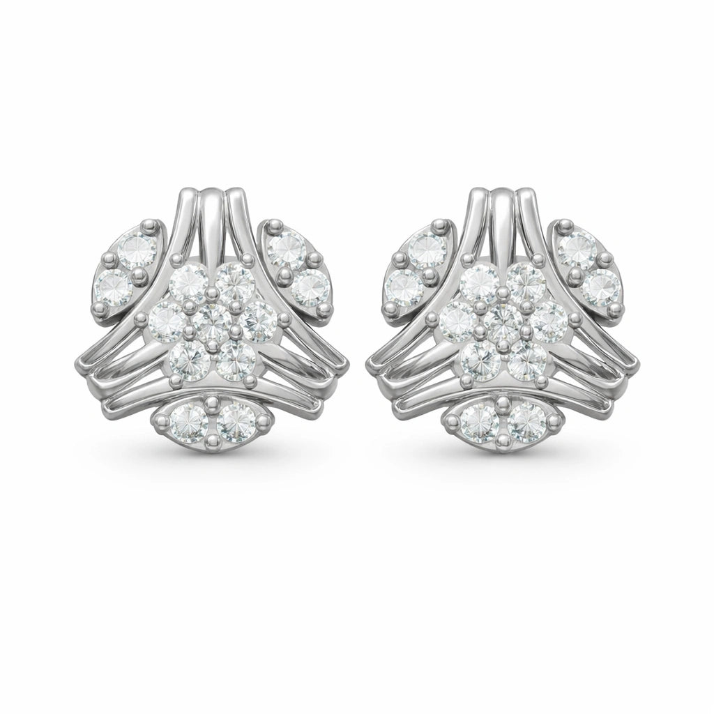 Pair of silver earrings with diamond-like stones on a white background