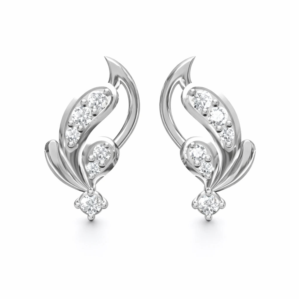 Silver earrings with diamond accents on a white background