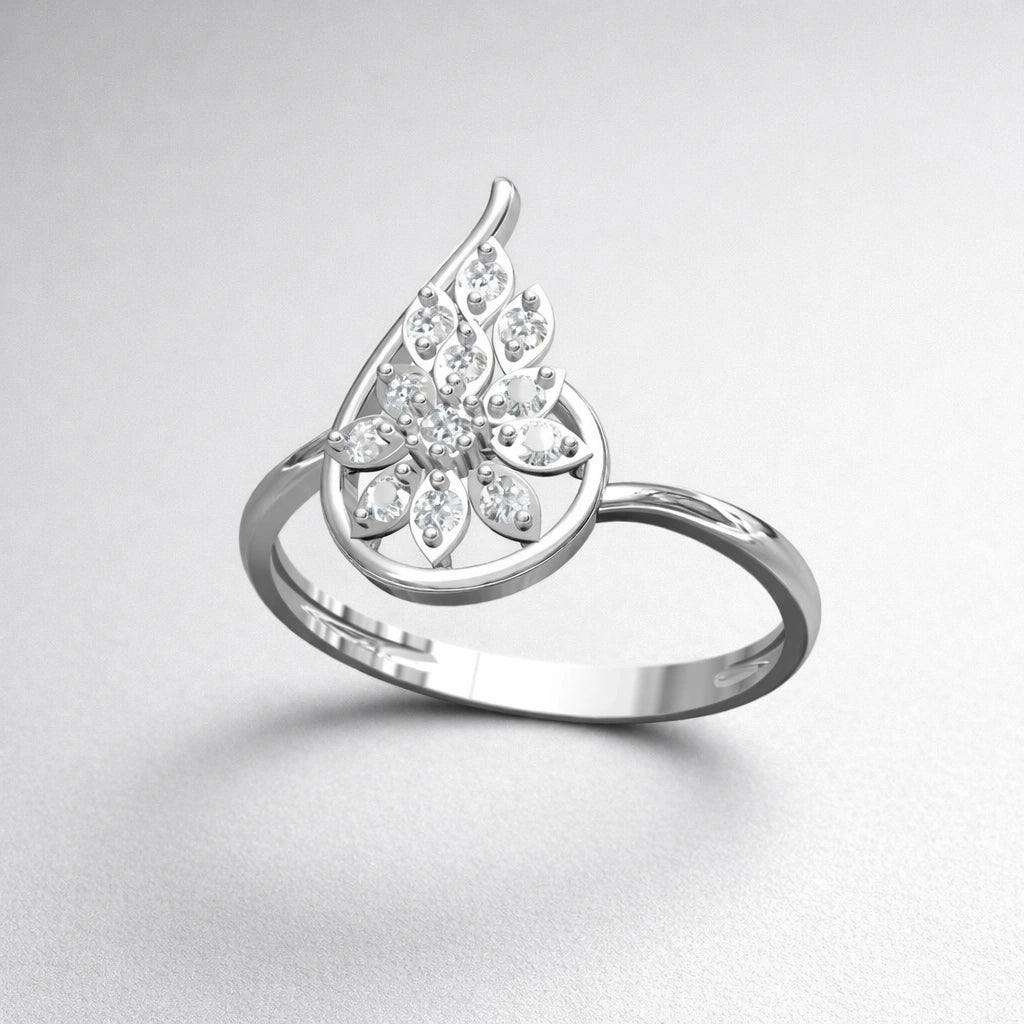 Silver ring with diamond accents on a light gray background