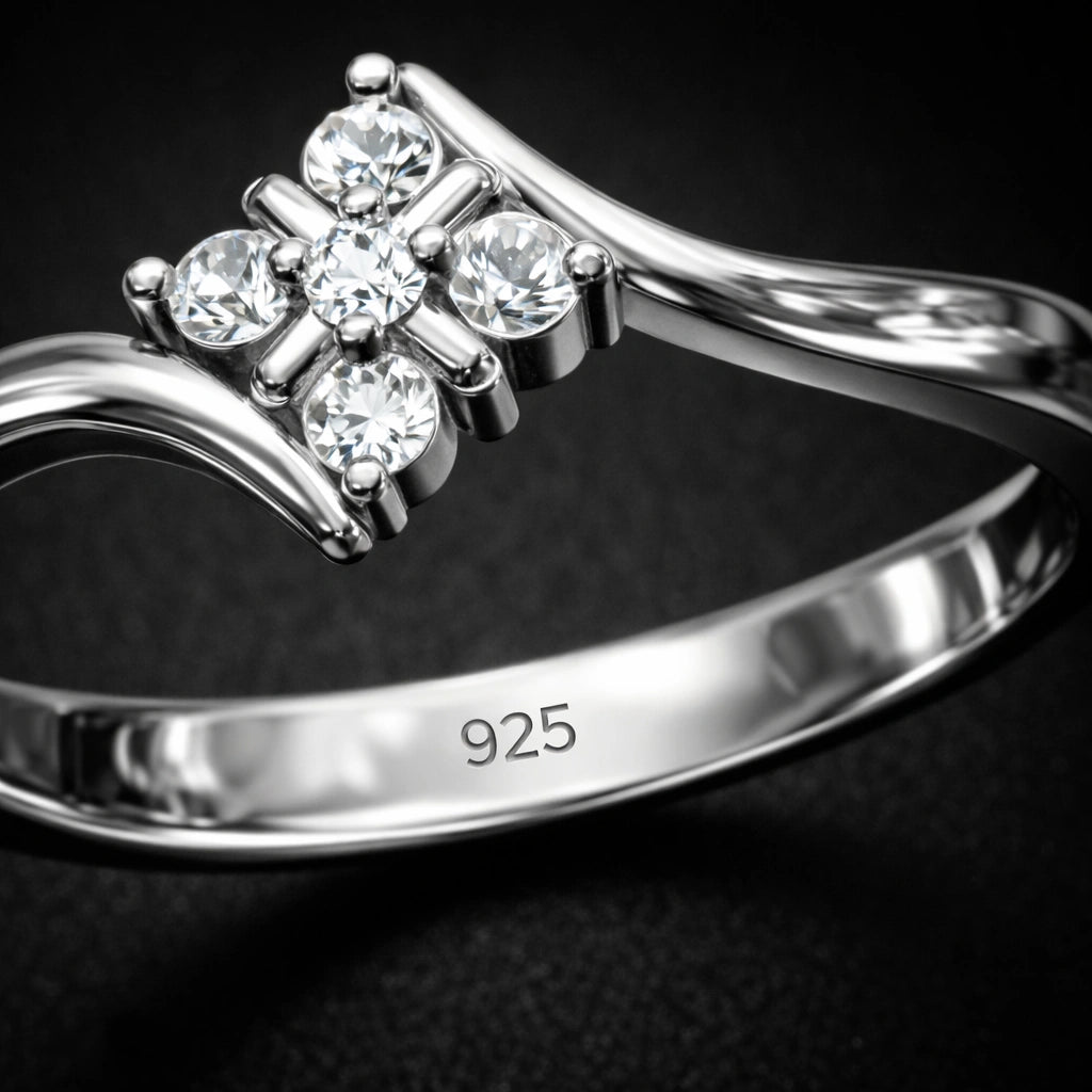 Silver ring with diamond-like stones on a dark background