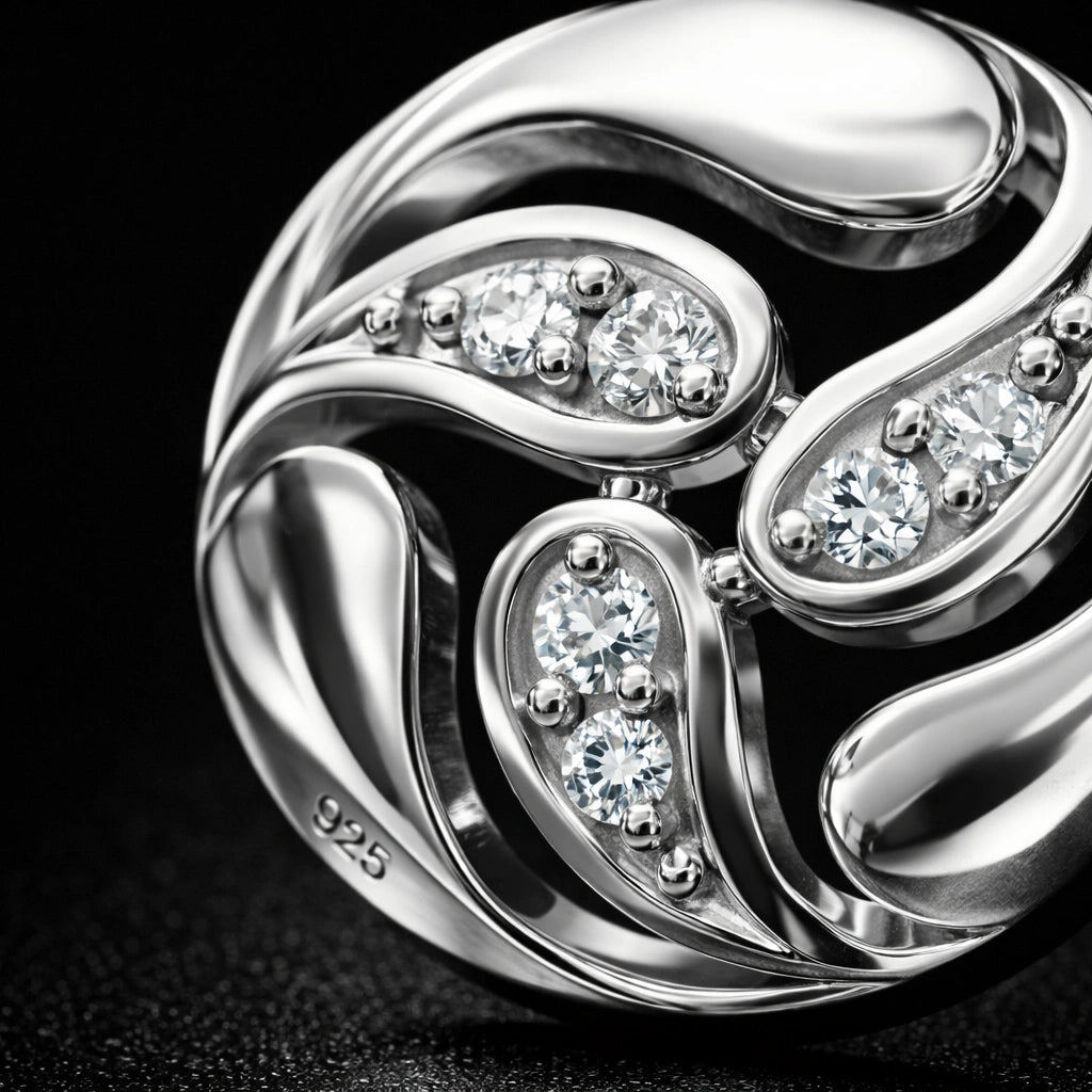 Silver ring with diamond accents on a black background