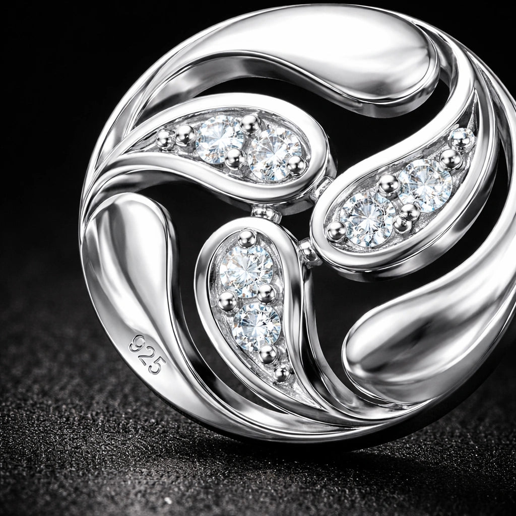 Silver ring with diamond accents on a dark background