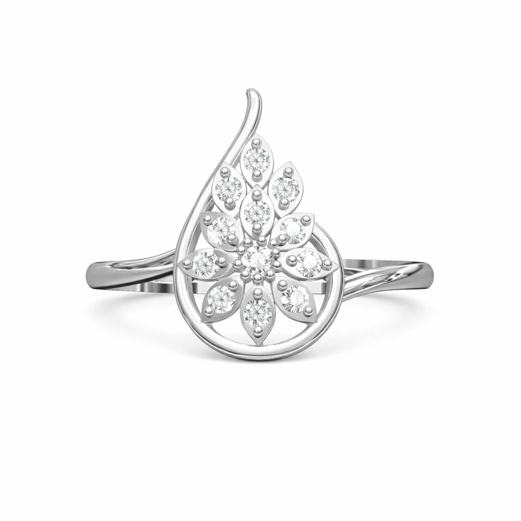 Silver ring with a floral design on a white background