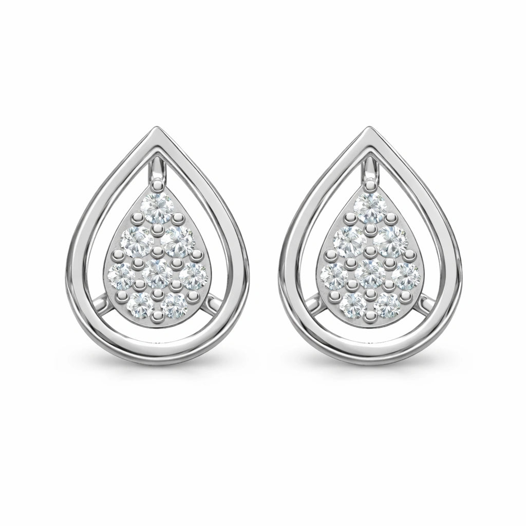 Teardrop-shaped silver earrings with embedded stones on a white background