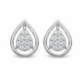 Teardrop-shaped silver earrings with embedded stones on a white background