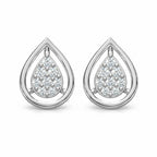 Teardrop-shaped silver earrings with embedded stones on a white background
