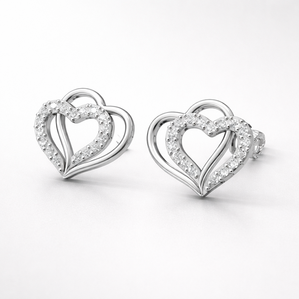 Double Layer Sparkle Heart AD Diamond Stud Earrings in 925 Sterling Silver