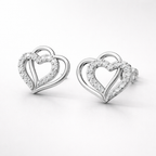 Double Layer Sparkle Heart AD Diamond Stud Earrings in 925 Sterling Silver