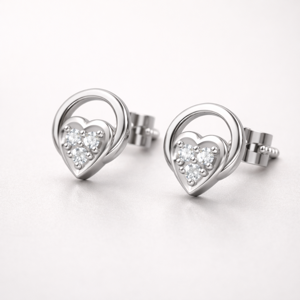Circle Heart Cluster AD Diamond Stud Earrings in 925 Sterling Silver