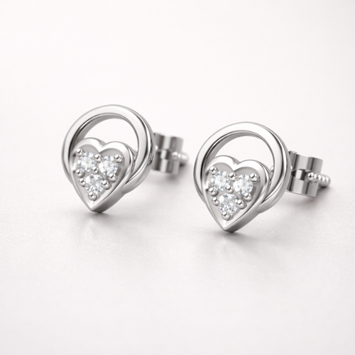 Circle Heart Cluster AD Diamond Stud Earrings in 925 Sterling Silver