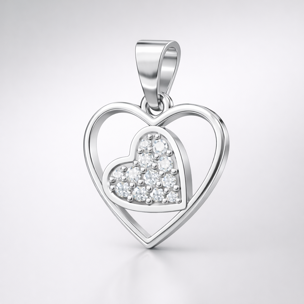 Double Heart AD Diamond Pendant in 925 Sterling Silver