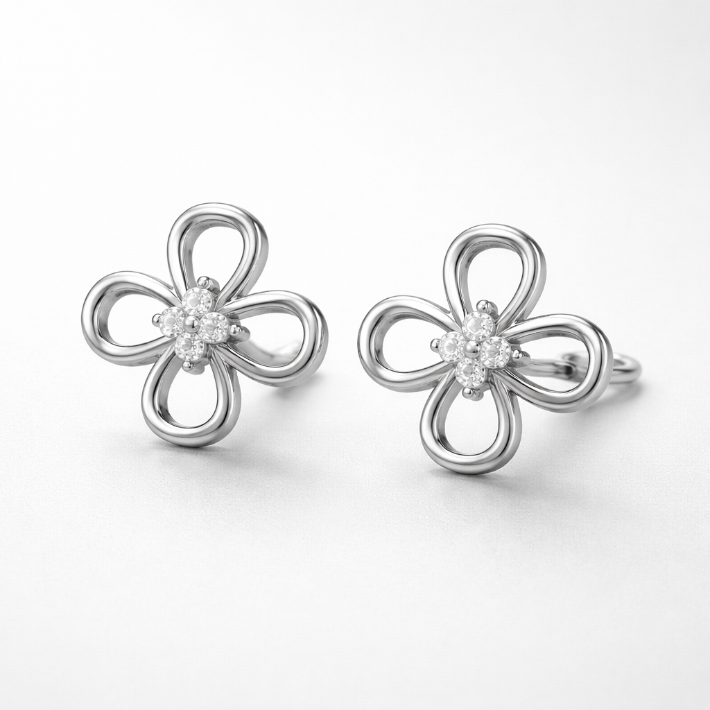 Floral Loop AD Diamond Stud Earrings in 925 Sterling Silver