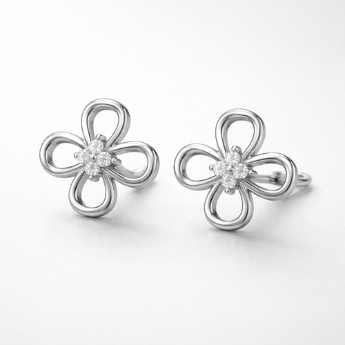 Floral Loop AD Diamond Stud Earrings in 925 Sterling Silver