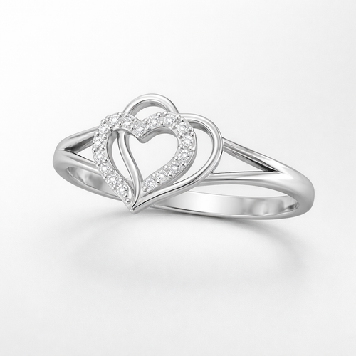 Double Heart AD Diamond Ring in 925 Sterling Silver