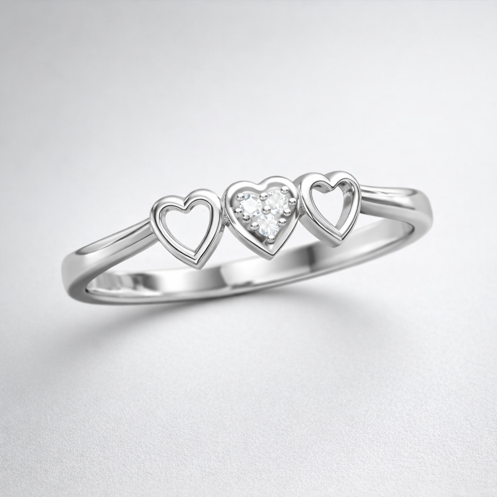 Triple Heart AD Diamond Ring in 925 Sterling Silver