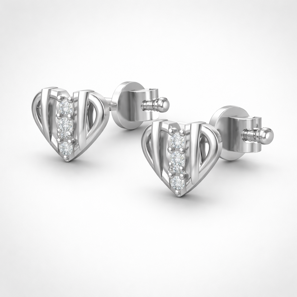 Striped Heart AD Diamond Stud Earrings in 925 Sterling Silver