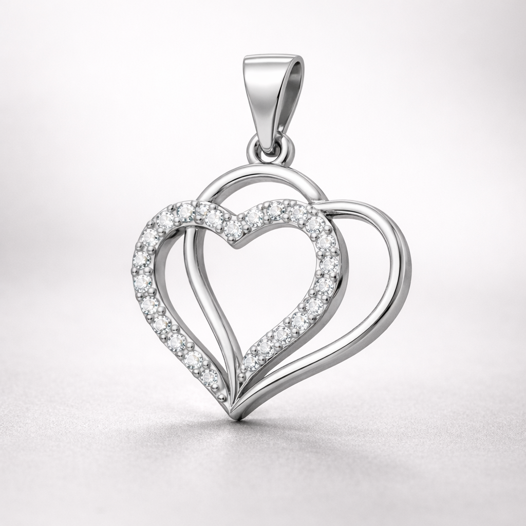 Double Layer Heart AD Diamond Pendant in 925 Sterling Silver