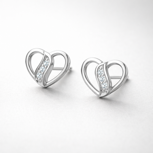 Wave Heart AD Diamond Stud Earrings in 925 Sterling Silver