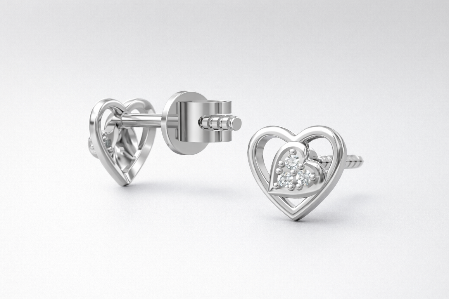 Layered Tilt Heart Cluster AD Diamond Stud Earrings in 925 Sterling Silver
