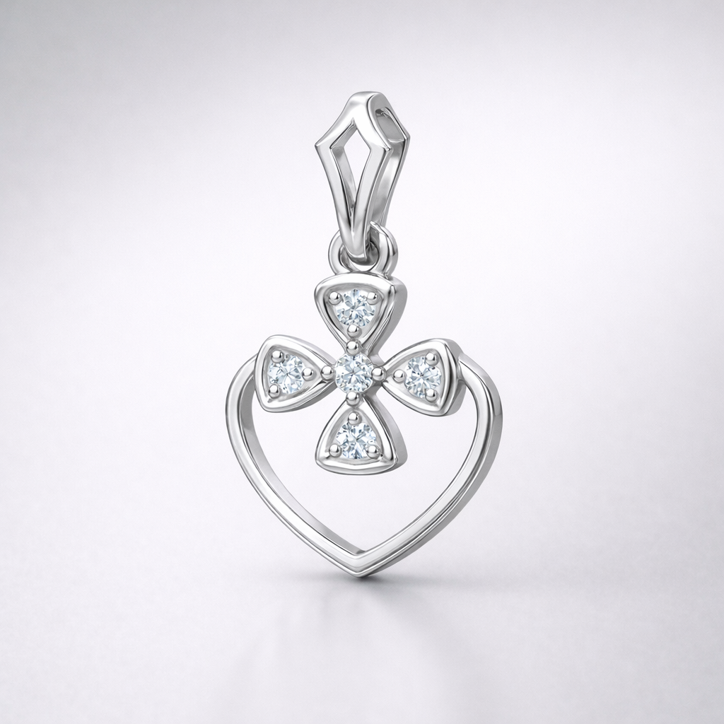Floral Heart AD Diamond Pendant in 925 Sterling Silver