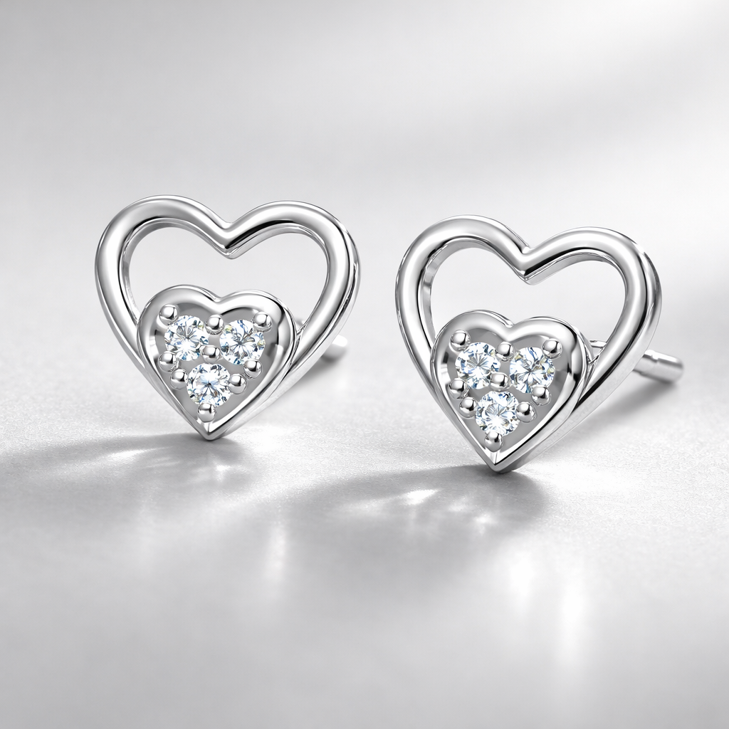 Double Heart Cluster AD Diamond Stud Earrings in 925 Sterling Silver