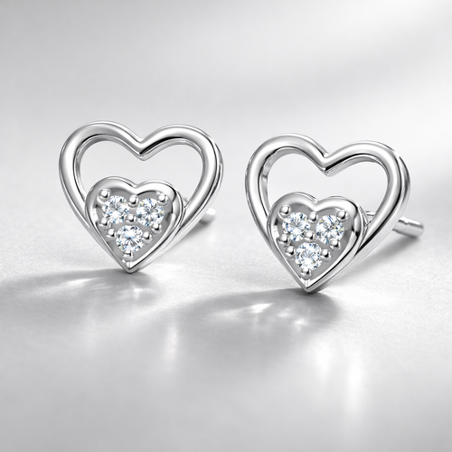 Double Heart Cluster AD Diamond Stud Earrings in 925 Sterling Silver