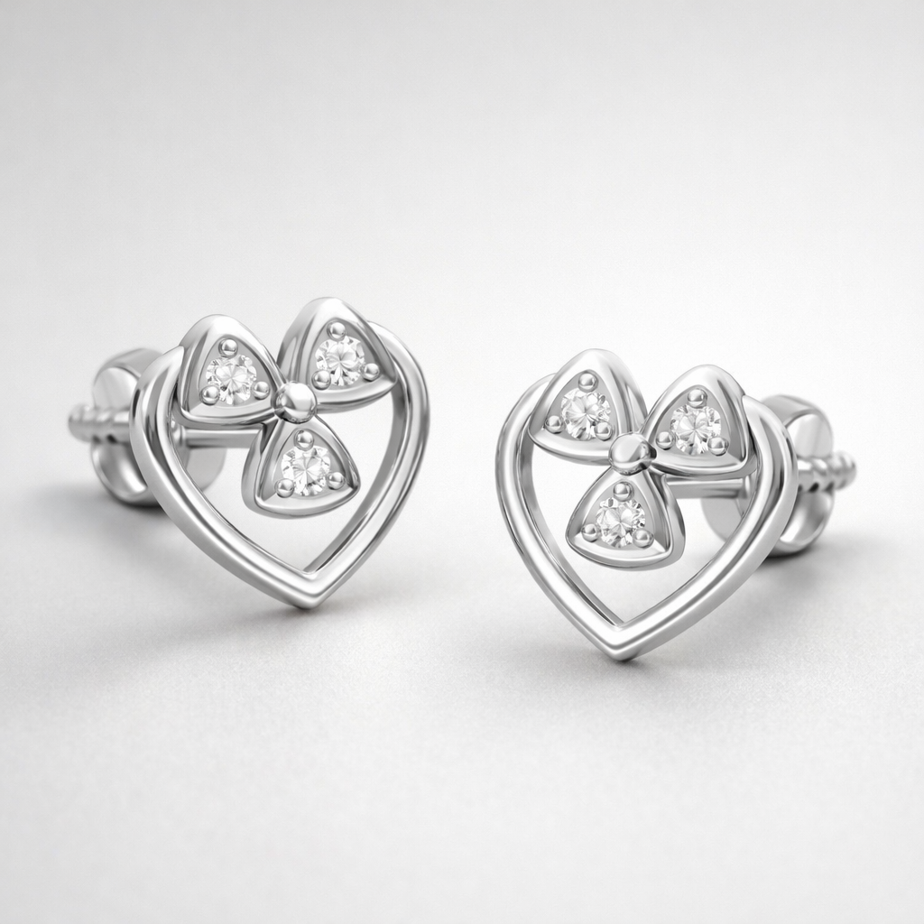 Heart Clover Cluster AD Diamond Stud Earrings in 925 Sterling Silver