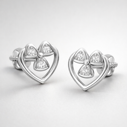Heart Clover Cluster AD Diamond Stud Earrings in 925 Sterling Silver