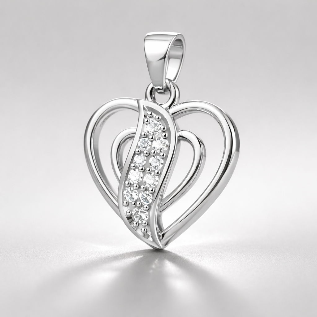Double Heart AD Diamond Pendant in 925 Sterling Silver