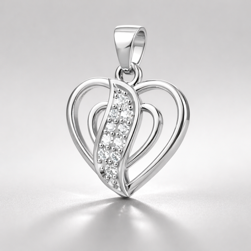 Double Heart AD Diamond Pendant in 925 Sterling Silver